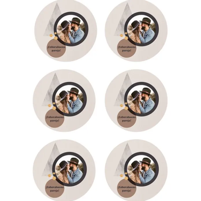 Papel de azúcar - 6 diseños iguales en Círculos de 8 cm Foto y Rótulo Diseño 1 - Impresión personalizada