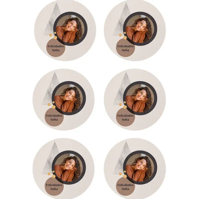 Papel de azúcar - 6 diseños iguales en Círculos de 8 cm Foto y Rótulo Diseño 1 - Impresión personalizada