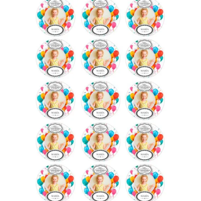 Papel de azúcar - 15 diseños iguales en Círculos de 5 cm Foto y nombre Feliz Cumpleaños - Impresión personalizada