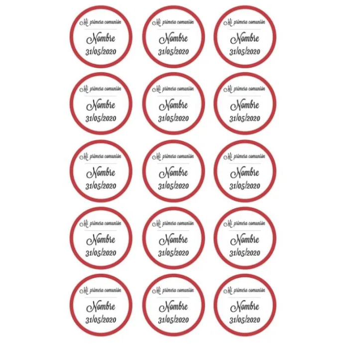 Papel de azúcar - 15 diseños iguales en Círculos de 5 cm Nombre y fecha Mi primera comunión - Impresión comestible personalizada