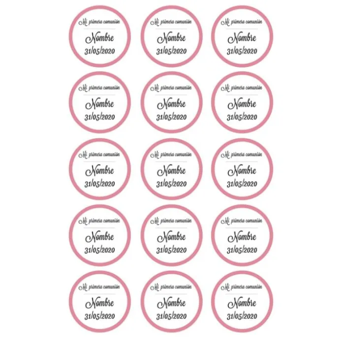 Papel de azúcar - 15 diseños iguales en Círculos de 5 cm Nombre y fecha Mi primera comunión - Impresión comestible personalizada