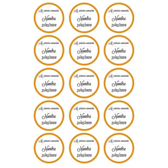 Papel de azúcar - 15 diseños iguales en Círculos de 5 cm Nombre y fecha Mi primera comunión - Impresión comestible personalizada