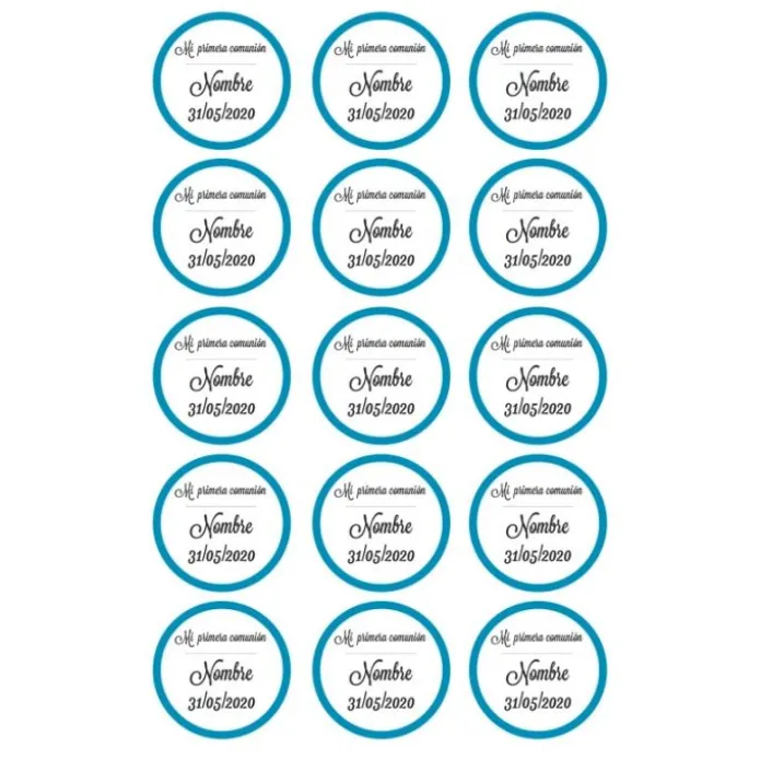 Papel de azúcar - 15 diseños iguales en Círculos de 5 cm Nombre y fecha Mi primera comunión - Impresión comestible personalizada