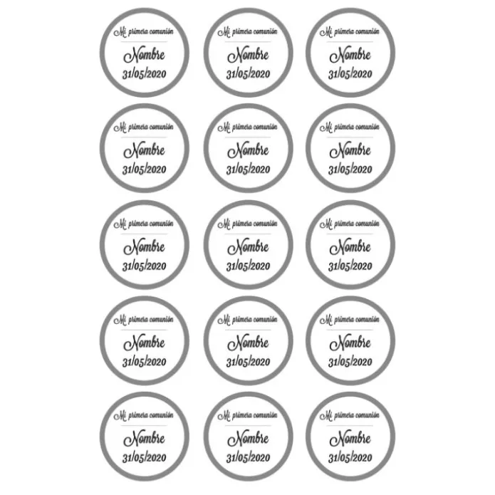 Papel de azúcar - 15 diseños iguales en Círculos de 5 cm Nombre y fecha Mi primera comunión - Impresión comestible personalizada