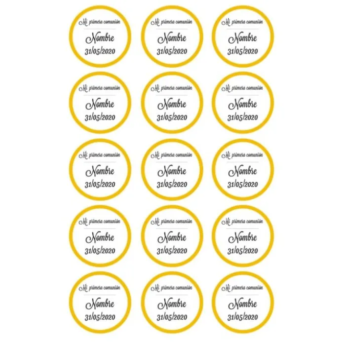 Papel de azúcar - 15 diseños iguales en Círculos de 5 cm Nombre y fecha Mi primera comunión - Impresión comestible personalizada