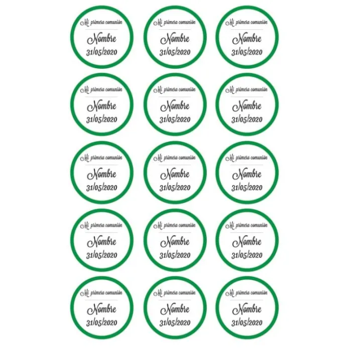 Papel de azúcar - 15 diseños iguales en Círculos de 5 cm Nombre y fecha Mi primera comunión - Impresión comestible personalizada