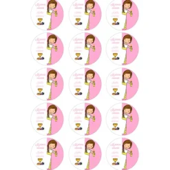 Papel de azúcar - 15 diseños iguales en Círculos de 5 cm Nombre y fecha Mi primera comunión rosa - Impresión comestible personalizada