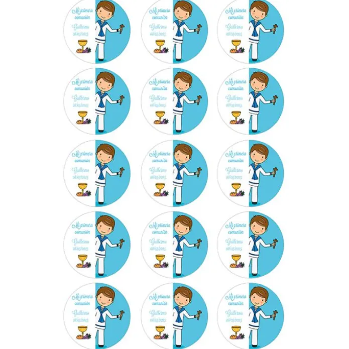 Papel de azúcar - 15 diseños iguales en Círculos de 5 cm Nombre y fecha Mi primera comunión azul - Impresión comestible personalizada