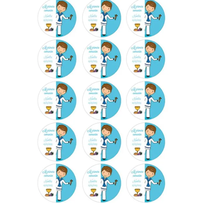 Papel de azúcar - 15 diseños iguales en Círculos de 5 cm Nombre y fecha Mi primera comunión azul - Impresión comestible personalizada