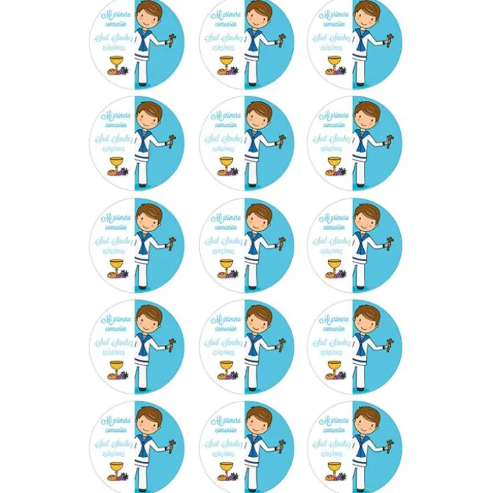 Papel de azúcar - 15 diseños iguales en Círculos de 5 cm Nombre y fecha Mi primera comunión azul - Impresión comestible personalizada