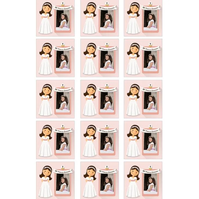 Papel de azúcar - 15 diseños iguales en Cuadrados de 5 cm Mi primera comunión (rosa) con foto personalizada