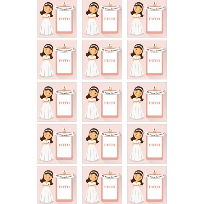 Papel de azúcar - 15 diseños iguales en Cuadrados de 5 cm Mi primera comunión (rosa) con foto personalizada