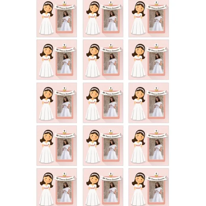 Papel de azúcar - 15 diseños iguales en Cuadrados de 5 cm Mi primera comunión (rosa) con foto personalizada