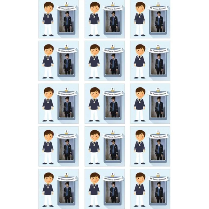Papel de azúcar - 15 diseños iguales en Cuadrados de 5 cm Mi primera comunión (azul) con foto personalizada