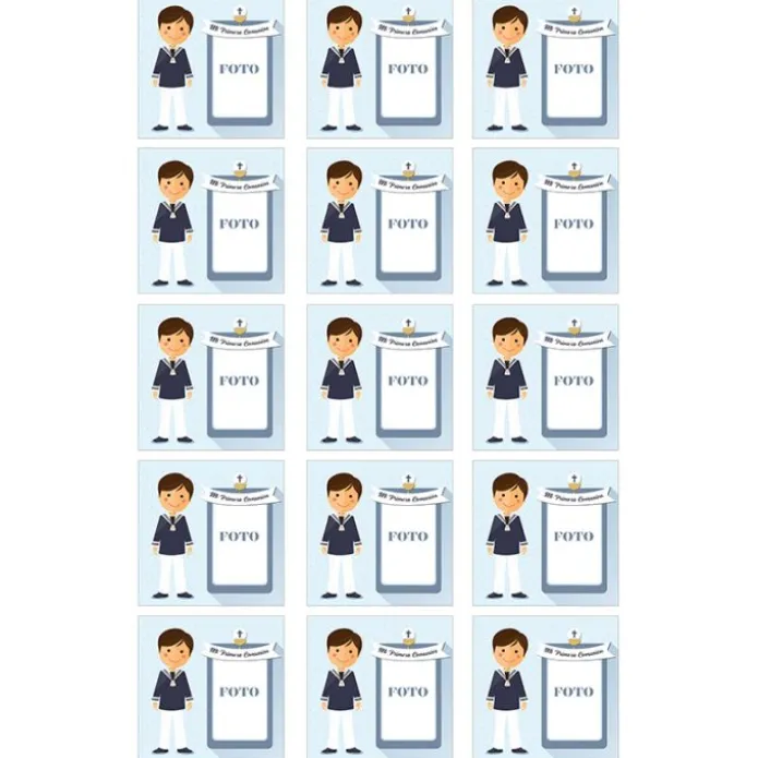 Papel de azúcar - 15 diseños iguales en Cuadrados de 5 cm Mi primera comunión (azul) con foto personalizada