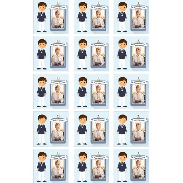 Papel de azúcar - 15 diseños iguales en Cuadrados de 5 cm Mi primera comunión (azul) con foto personalizada