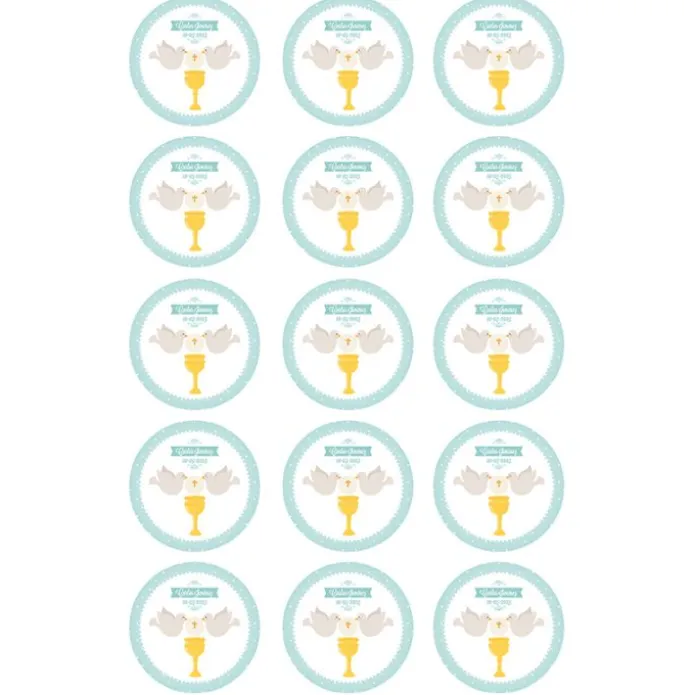 Papel de azúcar - 15 diseños iguales en Círculos de 5 cm Nombre y fecha Eucaristía Comunión - Impresión comestible personalizada