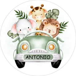 Papel de azúcar - Nombre en coche animalitos selva 20 cm - Impresión comestible personalizada