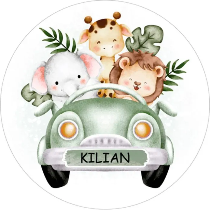 Papel de azúcar - Nombre en coche animalitos selva 20 cm - Impresión comestible personalizada