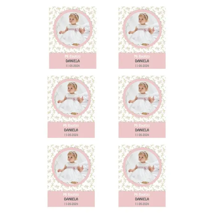 Papel de oblea con foto, nombre y fecha personalizada - Mi Bautizo rosa 6 x 8 cm (6)