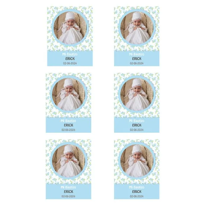 Papel de oblea con foto, nombre y fecha personalizada - Mi Bautizo azul 6 x 8 cm (6)