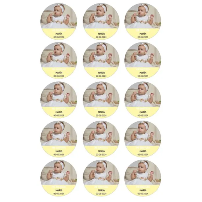 Papel de oblea con foto, nombre y fecha personalizada círculo 5 cm (15) - Mi Bautizo