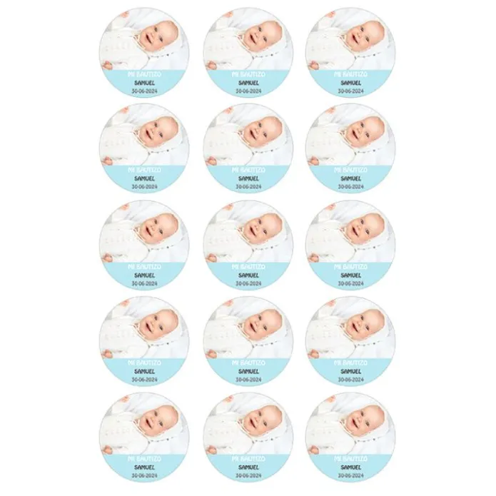 Papel de oblea con foto, nombre y fecha personalizada círculo 5 cm (15) - Mi Bautizo