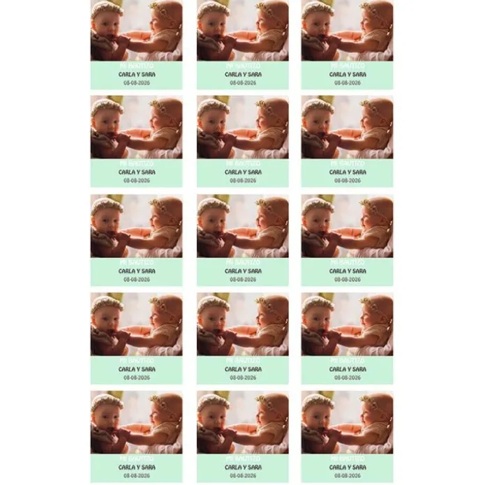 Papel de oblea con foto, nombre y fecha personalizada cuadrado 5 cm (15) - Mi Bautizo