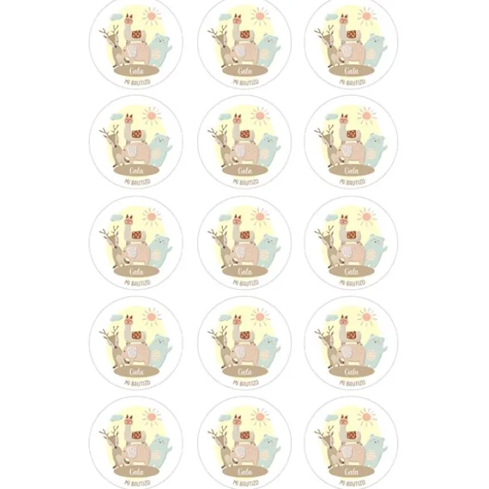 Papel de oblea - 15 círculos iguales de 5 cm Nombres y rótulo Animalitos - Impresión personalizada