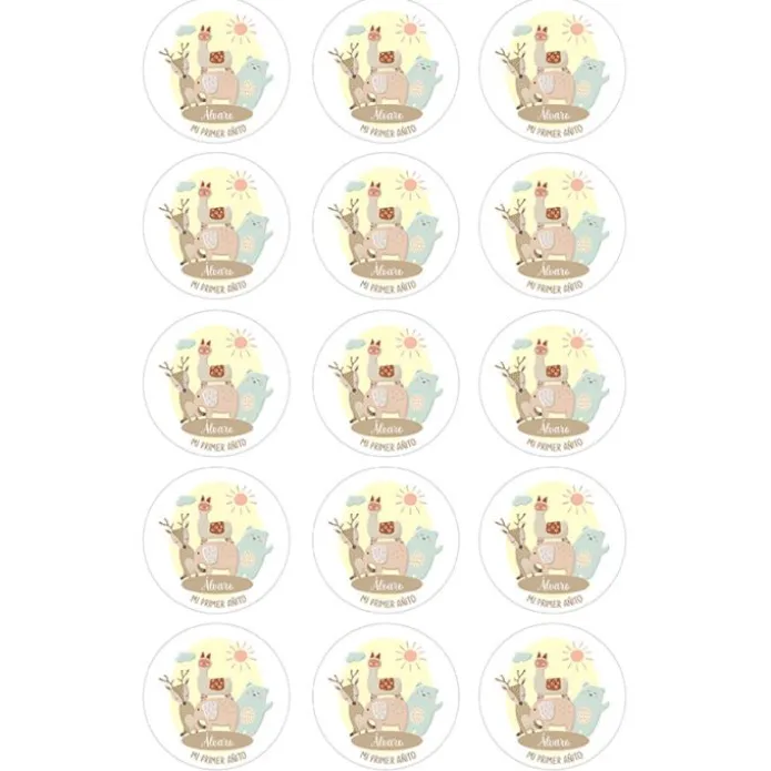 Papel de oblea - 15 círculos iguales de 5 cm Nombres y rótulo Animalitos - Impresión personalizada
