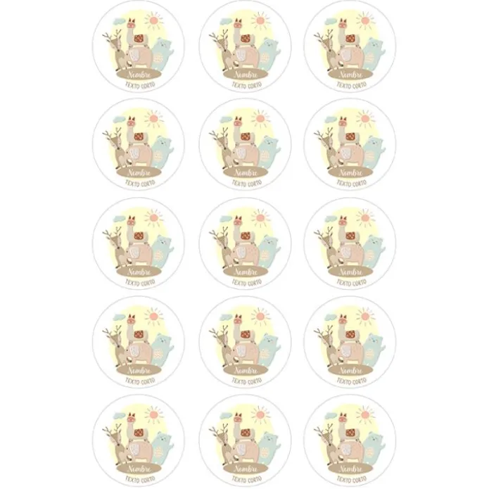Papel de oblea - 15 círculos iguales de 5 cm Nombres y rótulo Animalitos - Impresión personalizada