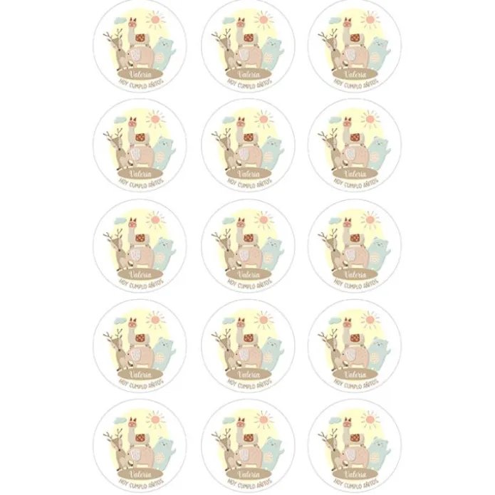 Papel de oblea - 15 círculos iguales de 5 cm Nombres y rótulo Animalitos - Impresión personalizada