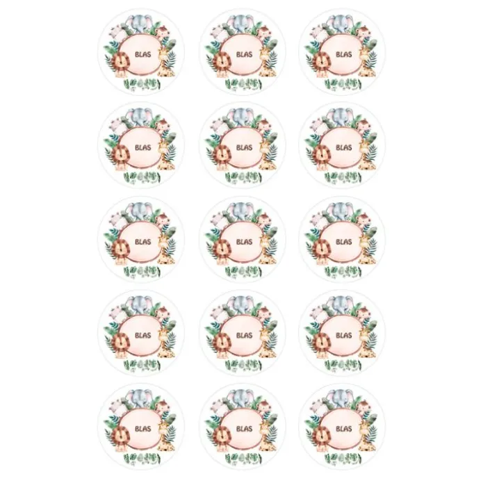Papel de oblea - 15 círculos iguales de 5 cm Nombre animalitos selva - Impresión personalizada