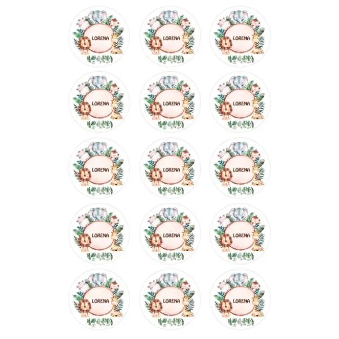 Papel de oblea - 15 círculos iguales de 5 cm Nombre animalitos selva - Impresión personalizada