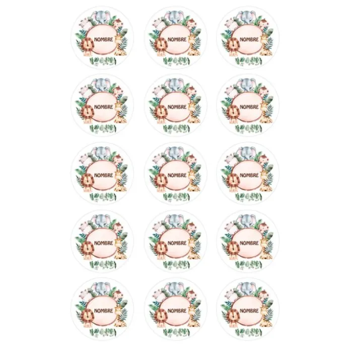 Papel de oblea - 15 círculos iguales de 5 cm Nombre animalitos selva - Impresión personalizada