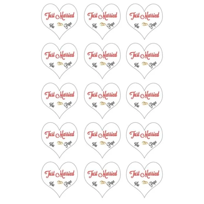 Papel de oblea - 15 diseños iguales en Círculos de 5 cm Nombres Just Married - Impresión personalizada