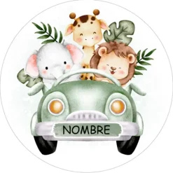 Papel de oblea - Nombre en coche animalitos selva 20 cm - Impresión personalizada