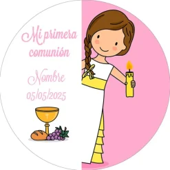 Papel de oblea - Nombre y fecha Mi primera comunión rosa 20 cm - Impresión personalizada