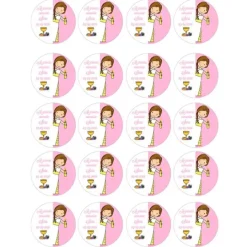 Papel multitransfer Mi primera comunión rosa - 20 círculos iguales de 4,8 cm Nombre y fecha- Impresión comestible personalizada