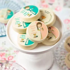Papel multitransfer Mi primera comunión rosa - 20 círculos iguales de 4,8 cm Nombre y fecha- Impresión comestible personalizada