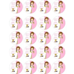 Papel multitransfer Mi primera comunión rosa - 20 círculos iguales de 4,8 cm Nombre y fecha- Impresión comestible personalizada