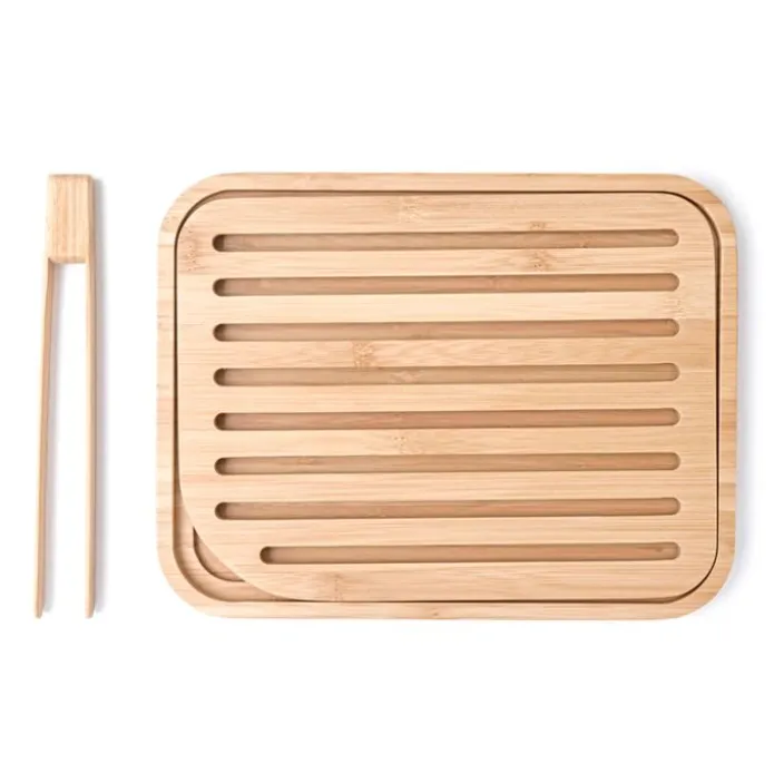 Tabla para cortar y servir con ranuras y pinzas 26 x 20 cm - Madera de bambú - Pebbly
