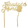 Topper Felicidades mamá con rosa acrílico dorado efecto espejo 17 cm