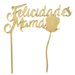 Topper Felicidades mamá con rosa acrílico dorado efecto espejo 17 cm