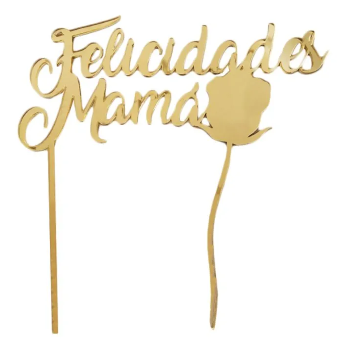 Topper Felicidades mamá con rosa acrílico dorado efecto espejo 17 cm