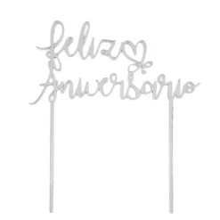 Topper Feliz Aniversario acrílico plateado efecto espejo 15 cm