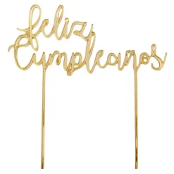 Topper Feliz cumpleaños acrílico dorado efecto espejo 17 cm