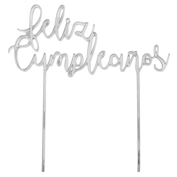 Topper Feliz cumpleaños acrílico plateado efecto espejo 17 cm