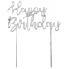 Topper Happy Birthday acrílico plateado efecto espejo 17 cm