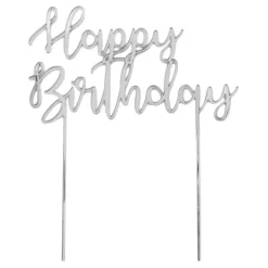 Topper Happy Birthday acrílico plateado efecto espejo 17 cm